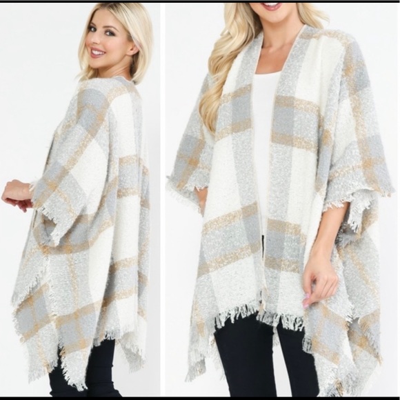 Kala Vella Sweaters - New! Soft Lightweight Soft Gray Plaid Kimono Cardigan Scarf Raw Fringes Hem